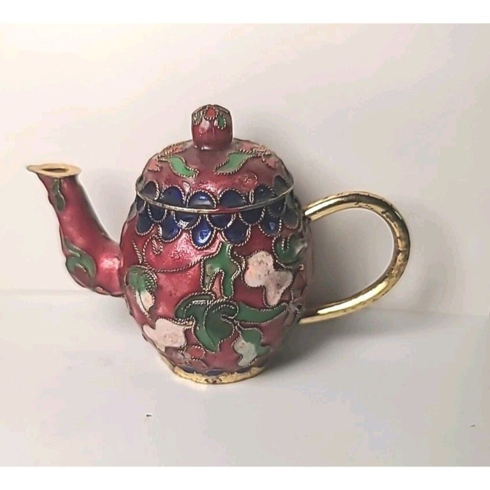 Vintage Miniature Chinese Cloisonné Teapot Red Base With Floral Design